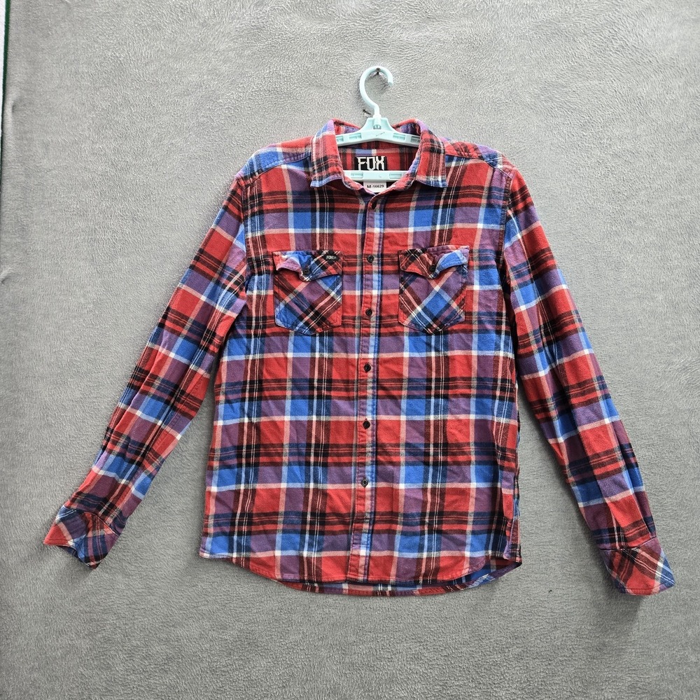 Fox Men Button Up Shirt L Red Flannel Shirt Plaid Western Long Sleeve